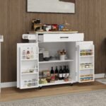 Kitchen Island Rolling Trolley Cart With 1 Drawer & 2 Doors With Storage Racks & Adjustable Shelves & Towel Rack & Seasoning Rack Rubber Wood Table Top-White - Image 3