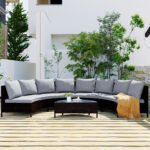 TOPMAX 5 Pieces All-Weather Brown PE Rattan Wicker Sofa Set Outdoor Patio Sectional Furniture Set Half-Moon Sofa Set With Tempered Glass Table, Grey - Image 5