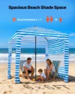 Beach Cabana, 6 X 6 Ft Beach Canopy With Side Wall, UPF 50+ Protection Easy Setup Cabana Tent With Sand Pockets, Portable Shade Sun Shelter Umbrella For Whole Family & Friends, Blue Stripes - Image 5