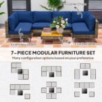7 Piece Wicker Patio Furniture Set, Modular Outdoor Sectional With Thickened Cushions, Acacia Wood Table, Brown Blue - Image 3