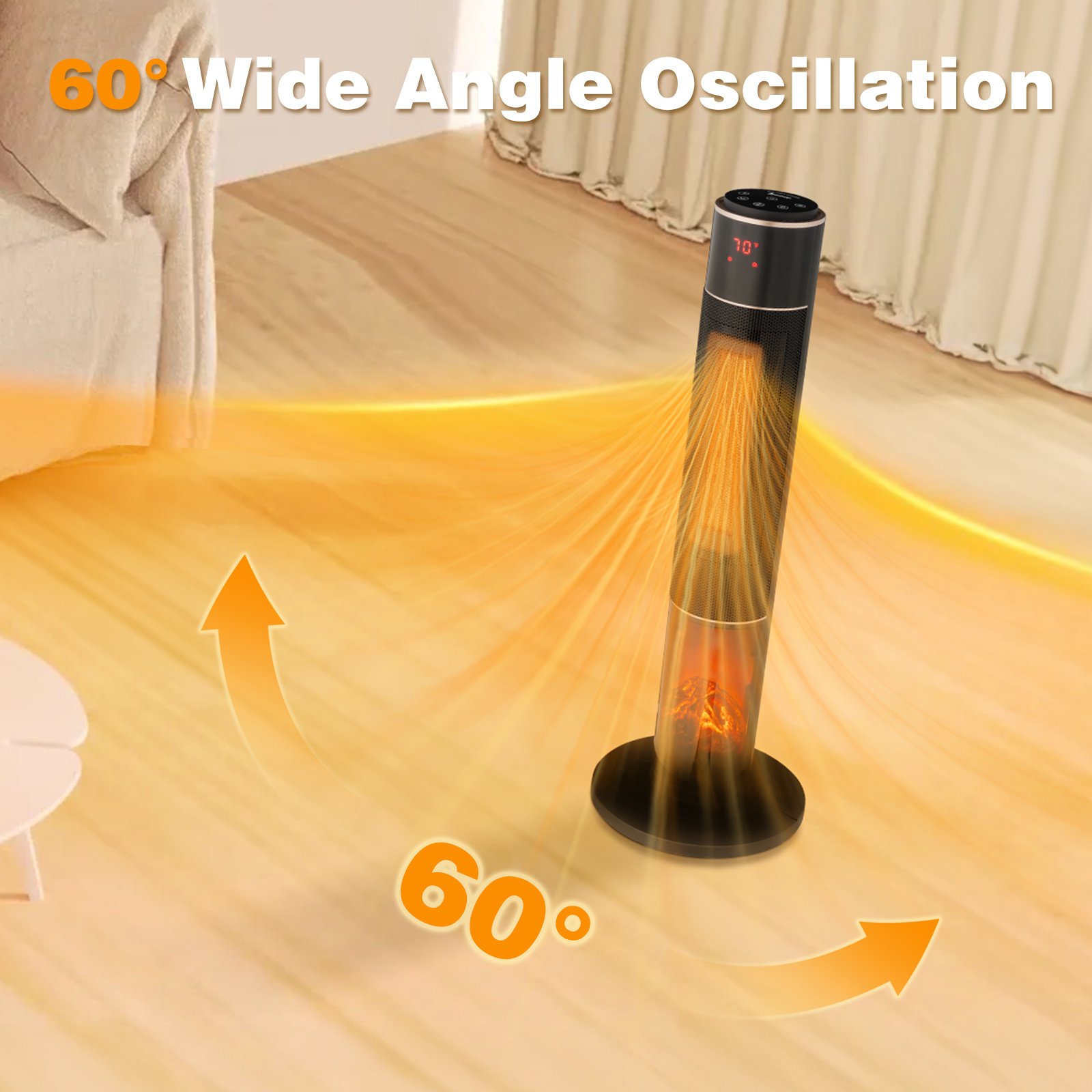 0f32a73f-5310-496f-a7b6-f343bbbfa7b5.jpg 33inch Tower Space Heater With 3D Flame, 1500W Portable Electric Heater With Thermostat, 60 Degrees Oscillation, Timer, Remote Control, For Indoor Bedroom Office Home, Black - Image 1
