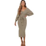 The  Autumn And Winter Knitted Dress Slim Double V-Neck Sweater Skirt Can Be Used As A Cross-Border Amazon Product - Image 4