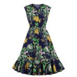Women'S V-Neck Ruffle Skirt Printed Sleeveless Dress