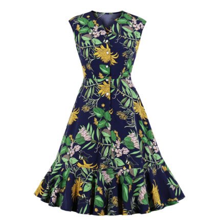 Women'S V-Neck Ruffle Skirt Printed Sleeveless Dress