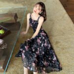 Printed A-line Skirt Summer Temperament Was Thin Suspender Skirt