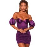 Tube Top Card Shoulder Puff Sleeve Slim Purple Pleated Sexy - Image 3