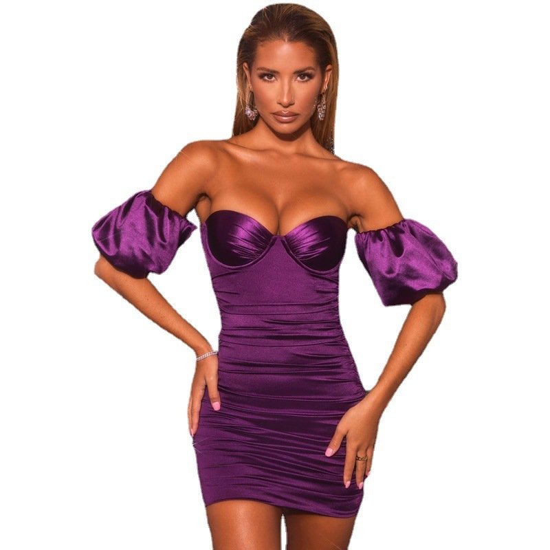 1623557489438.jpg Tube Top Card Shoulder Puff Sleeve Slim Purple Pleated Sexy - Image 1