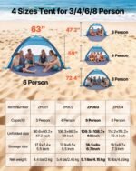 Beach Tent Sun Shelter For 6 Person, UPF 50+ Protection, Portable Sun Shade Canopy With Carrying Bag & Sand Pockets, Lightweight And Easy Setup Beach Umbrella For Camping Fishing Outdoor Picnic