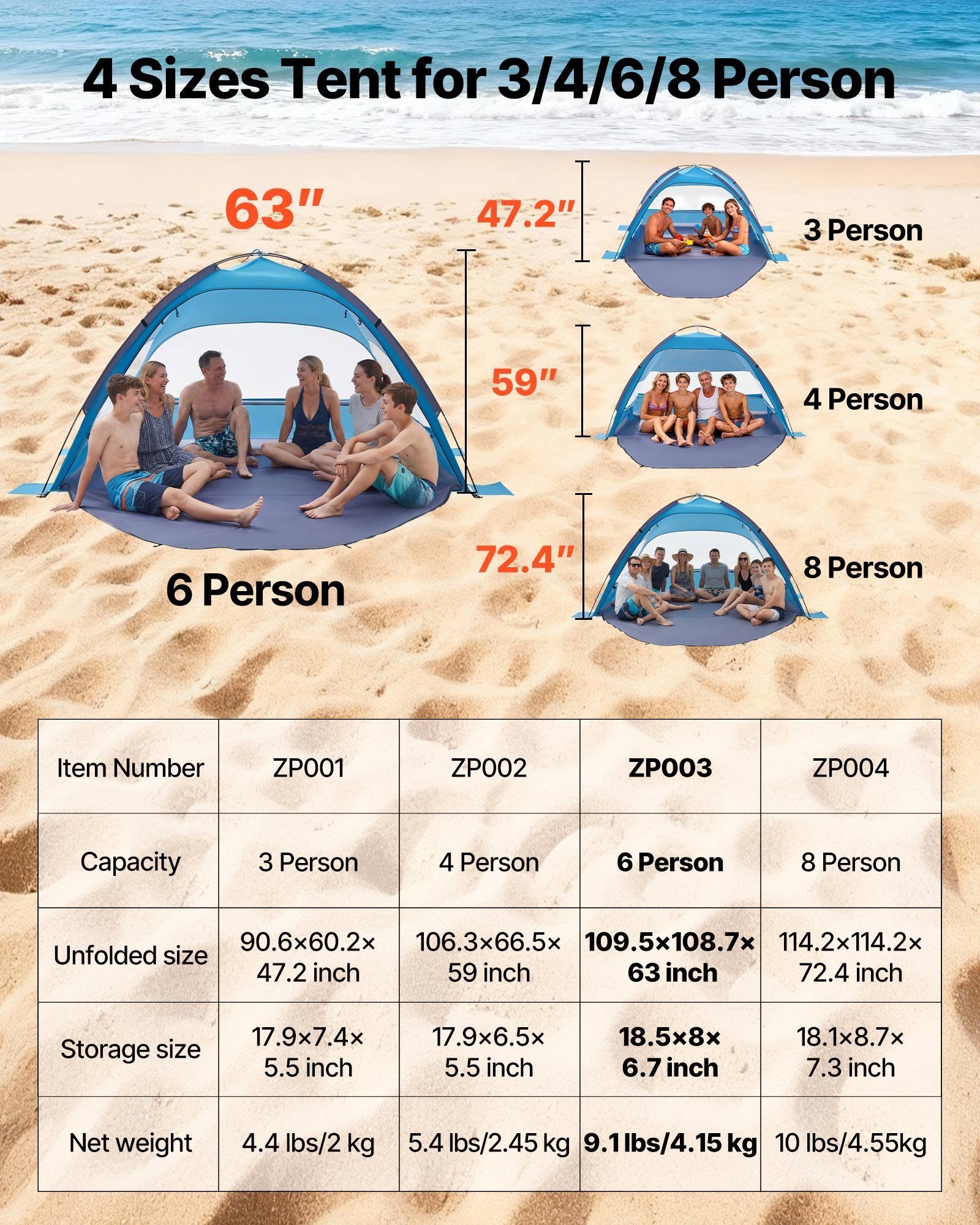 1d67b390-9c60-47b5-9575-bd265eaceb40.jpg Beach Tent Sun Shelter For 6 Person, UPF 50+ Protection, Portable Sun Shade Canopy With Carrying Bag & Sand Pockets, Lightweight And Easy Setup Beach Umbrella For Camping Fishing Outdoor Picnic - Image 1