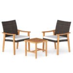 3 Pieces Patio PE Wicker Furniture Set Acacia Wood Outdoor Conversation Bistro Set - Image 6