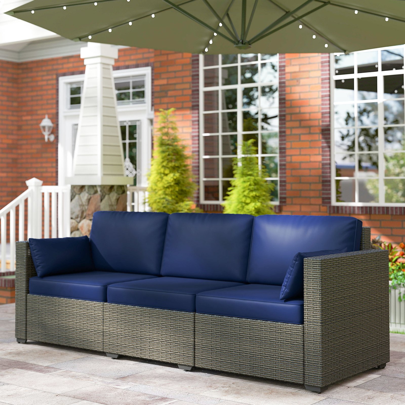 216061ca-cee9-4d81-a122-b5dd2e1829fd.jpg Patio Couch PE Wicker Deep Seating Outdoor Sofa With Removable Cushions, 3 Seater Rattan Sofa, Outdoor Furniture For Balcony, Deck, Garden And Poolside, Navy Blue - Image 1