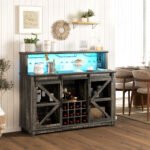 55" Coffee Bar Cabinet with Lights, Farmhouse Wine Cabinet with Wine and Glass Racks for Kitchen, Dining Room, Brown - Image 7