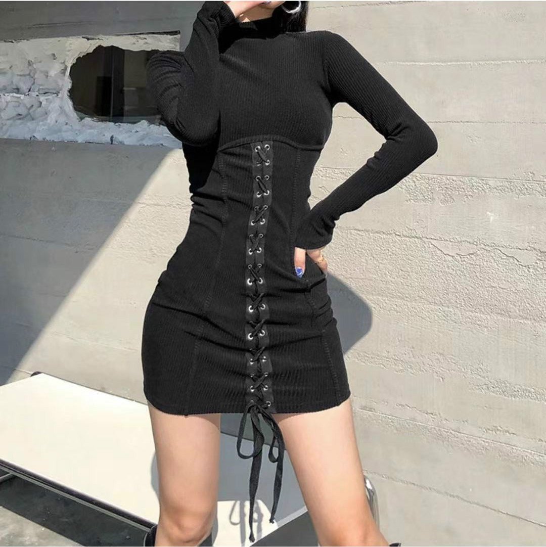 246af127-b48a-4d9b-b641-367af777a088.jpg Knitted Half-high Neck Slim-fit Dress - Image 1
