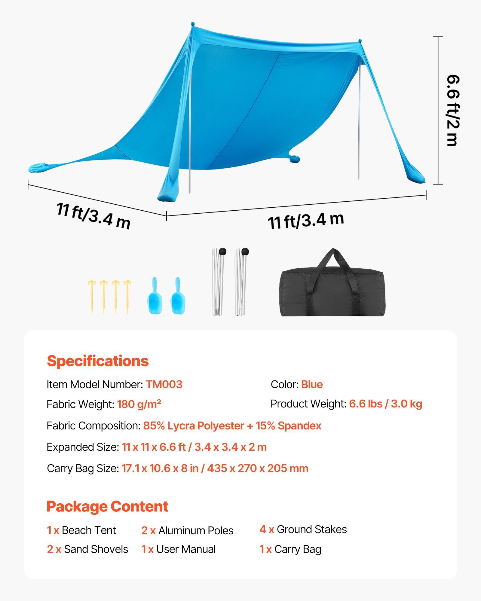 26d103db-4bad-4341-ac8c-8a6facaeec5f.jpg Beach Tent Sun Shelter, UPF50+ Sun Protection, 6.6 Ft Tall, 11 X 11 Ft, Easy Pop Up Beach Canopy With Sandbags, Stability Poles, Sand Shovels, Portable Shade For Family Outings, Camping, Fishing - Image 1