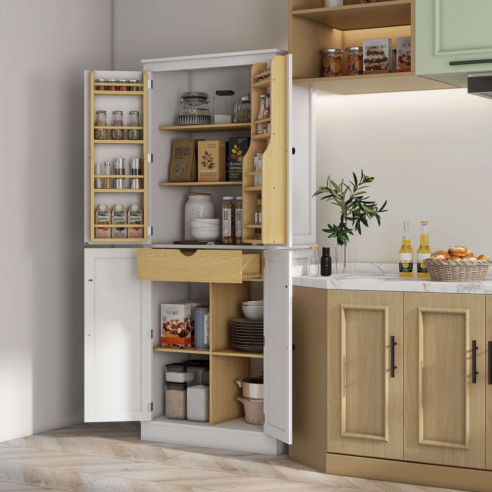2a613284-79ab-4018-8cd1-962d853a80ee.jpg 72" Kitchen Pantry Storage Cabinet, Modern Tall Kitchen Cabinet with 5-tier Storage Shelving, 8 Spice Racks, Drawer - Image 1