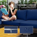 7 Piece Wicker Patio Furniture Set, Modular Outdoor Sectional With Thickened Cushions, Acacia Wood Table, Brown Blue - Image 5