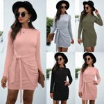 Hot  Long Sleeve Round Neck Tie Solid Color Dress