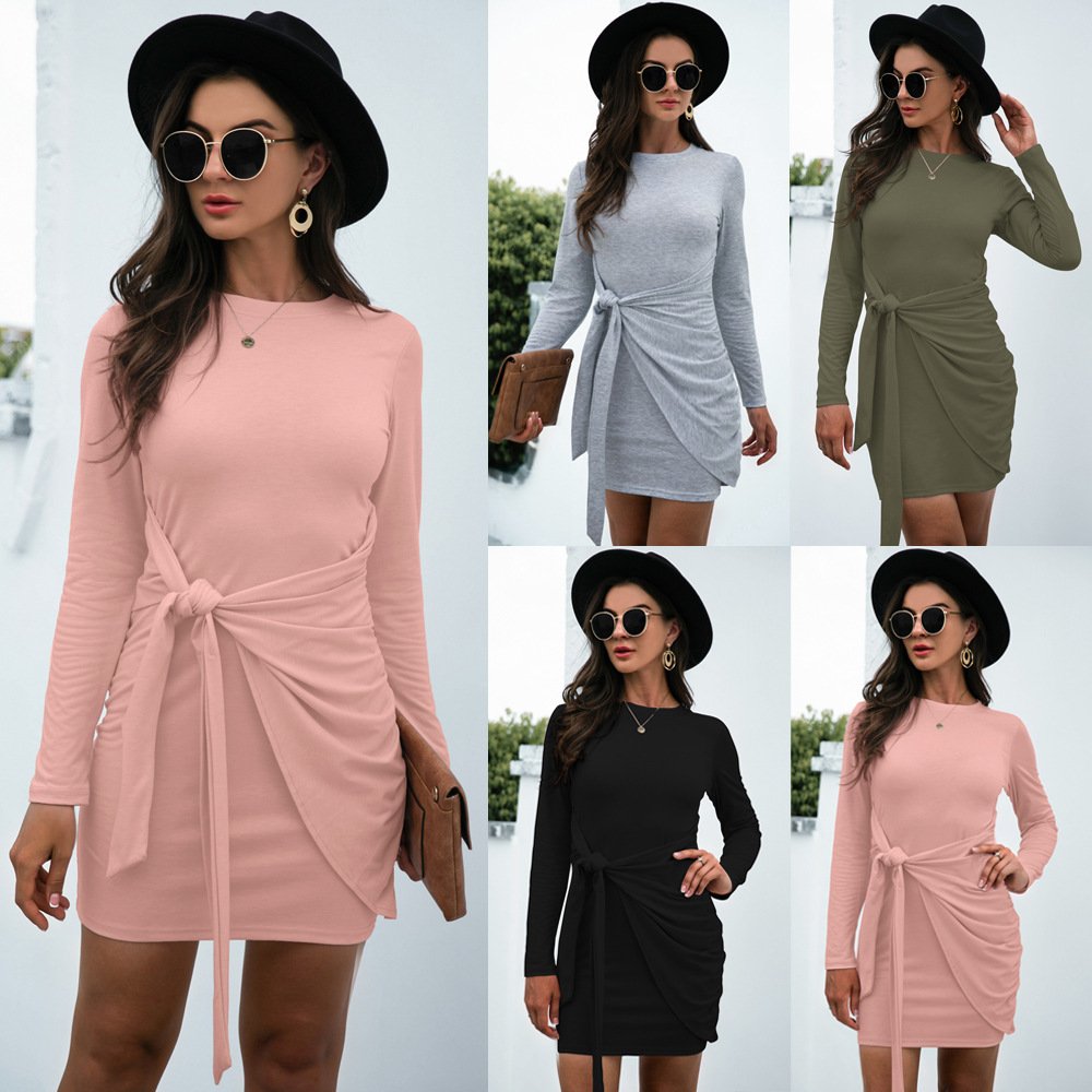 2c1be8e6-f0a1-4e23-843b-25f41a06e945.jpg Hot Long Sleeve Round Neck Tie Solid Color Dress - Image 1
