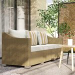 Rattan Wicker 3 Seater Patio Couch With Cushions, 2 Throw Pillows, Outdoor Furniture Rattan Sofa, Cream White - Image 3