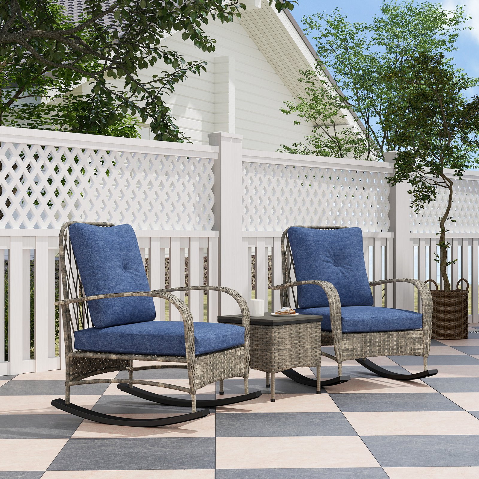2ec12b7a-e197-4046-b628-264c903616aa.jpg 3 Piece Wicker Patio Furniture Set, Outdoor PE Rattan Rocking Chairs With Coffee Table, Cushions For Porch, Gray - Image 1