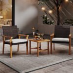 3 Pieces Patio PE Wicker Furniture Set Acacia Wood Outdoor Conversation Bistro Set - Image 7