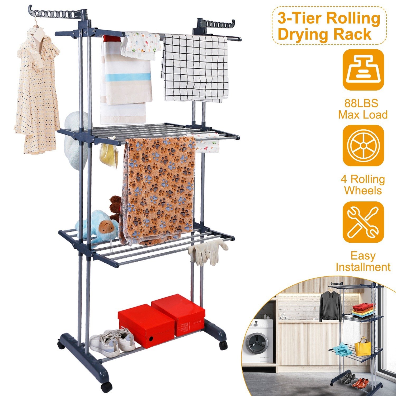 2ef71d6a-37ab-49ff-b669-cfc89471dfbc.jpg 1Pc Clothes Drying Rack Rolling Collapsible Laundry Dryer Hanger Stand Rail Shelve Wardrobe Clothing Drying Racks With Dual Side Wings - Image 1