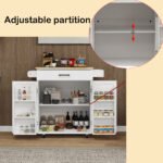 Kitchen Island Rolling Trolley Cart With 1 Drawer & 2 Doors With Storage Racks & Adjustable Shelves & Towel Rack & Seasoning Rack Rubber Wood Table Top-White - Image 2