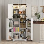 64" Tall Kitchen Pantry Cabinet With Motion Sensor Light, Spice Racks And Adjustable Shelves, White - Image 3