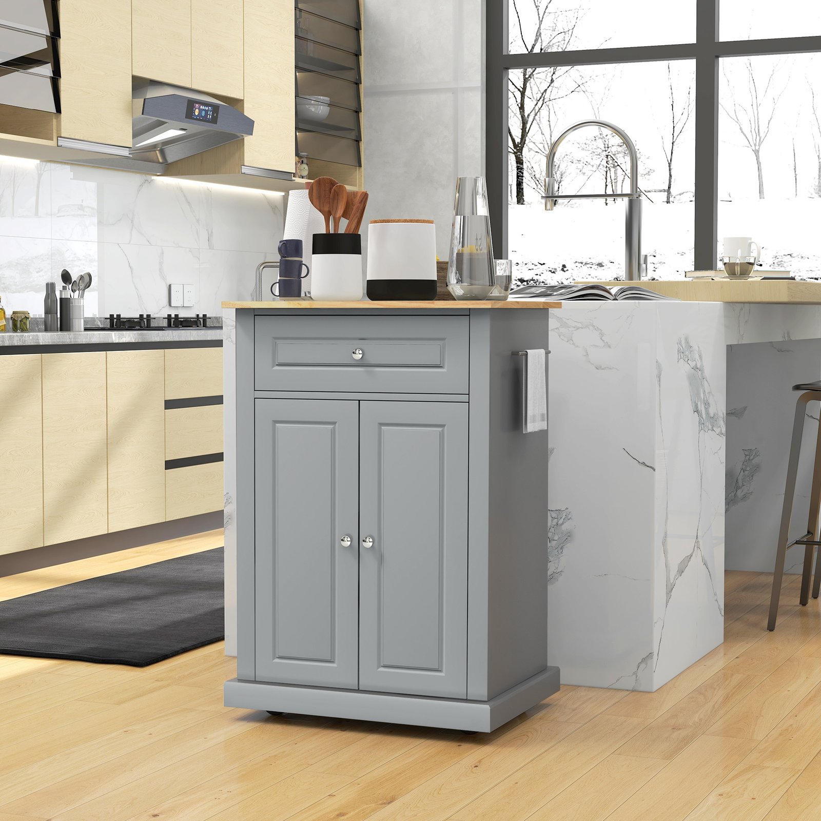 3f54234e-9ff6-43d7-87c1-9b4460bf5065.jpg Rolling Kitchen Island Cart, Portable Serving Trolley Table with Drawer, Adjustable Shelf and 2 Towel Racks, Grey - Image 1