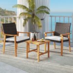 3 Pieces Patio PE Wicker Furniture Set Acacia Wood Outdoor Conversation Bistro Set - Image 10
