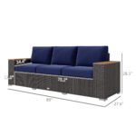 3-Seat Outdoor Patio Sofa With Cushions, PE Rattan Wicker Sofa With Wide Armrests, Outdoor Wicker Couch, Navy Blue - Image 6