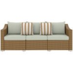 Rattan Wicker 3 Seater Patio Couch With Cushions, 2 Throw Pillows, Outdoor Furniture Rattan Sofa, Light Gray