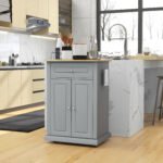 Rolling Kitchen Island Cart, Portable Serving Trolley Table with Drawer, Adjustable Shelf and 2 Towel Racks, Grey - Image 2