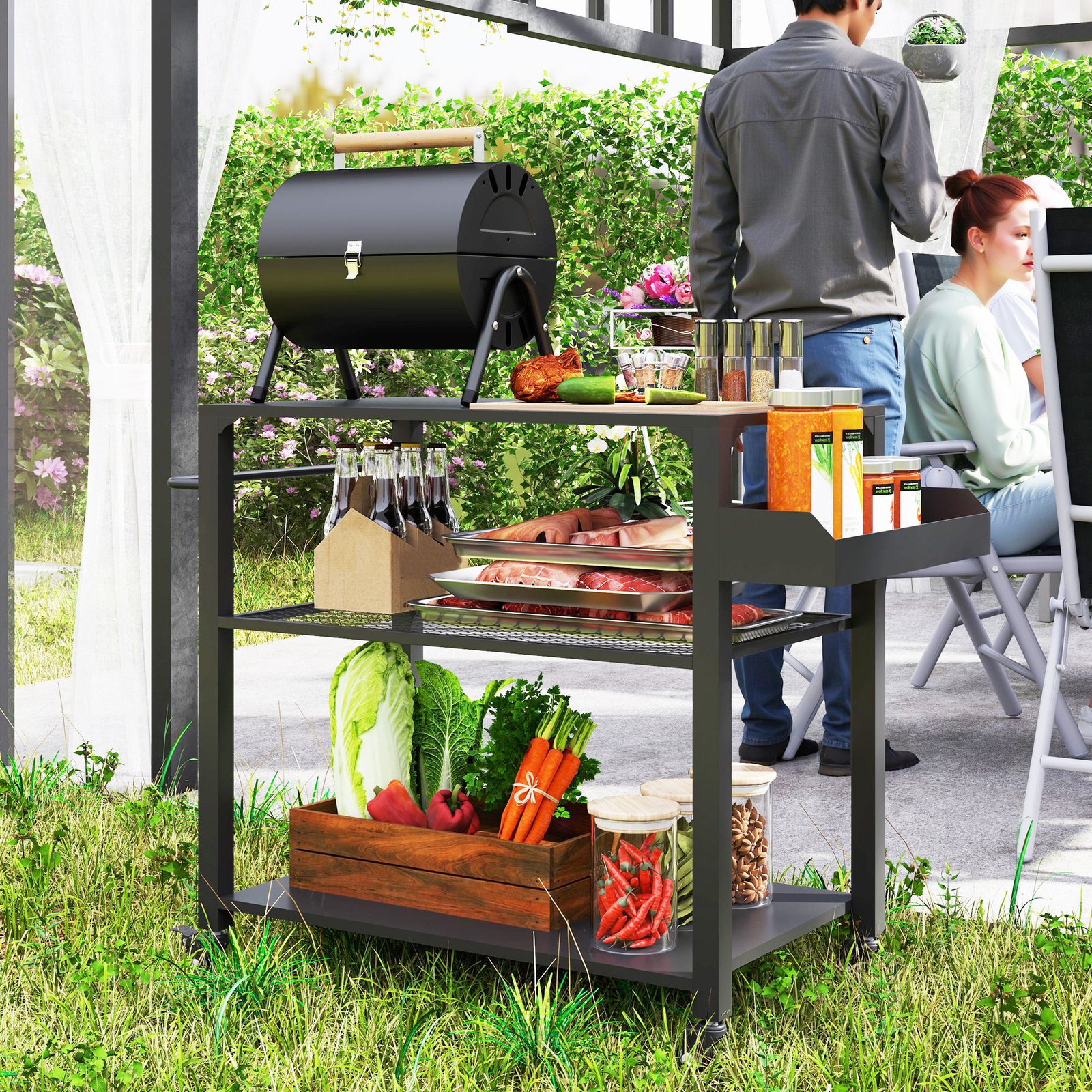 569db4b1-bfec-4ae3-aa57-777db078f2b2.jpg 3-Tier Outdoor Grill Cart With Storage Racks, Side Handle, Movable Pizza Oven Table On Wheels - Image 1