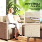 6 Piece Patio Furniture Set, PE Wicker Outdoor Furniture Conversation Set with 3 Sofas, 2 Ottomans and Slatted WPC Top Dining Table, All Weather Sectional Sofa Couch with Pillows, Khaki - Image 4