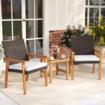 3 Pieces Patio PE Wicker Furniture Set Acacia Wood Outdoor Conversation Bistro Set - Image 5