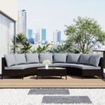 TOPMAX 5 Pieces All-Weather Brown PE Rattan Wicker Sofa Set Outdoor Patio Sectional Furniture Set Half-Moon Sofa Set With Tempered Glass Table, Grey