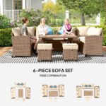 6 Piece Patio Furniture Set, PE Wicker Outdoor Furniture Conversation Set with 3 Sofas, 2 Ottomans and Slatted WPC Top Dining Table, All Weather Sectional Sofa Couch with Pillows, Khaki - Image 2