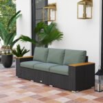 3-Seat Outdoor Patio Sofa With Cushions, PE Rattan Wicker Sofa With Wide Armrests, Outdoor Wicker Couch, Dark Gray - Image 4