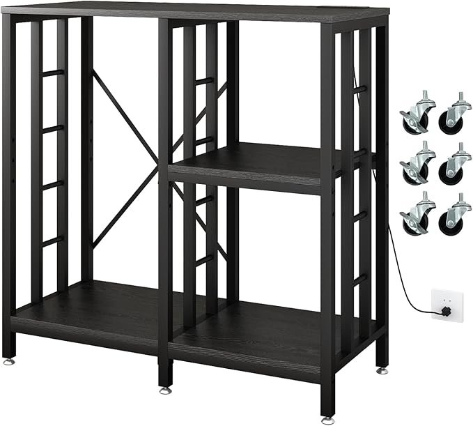 613-Q7SNpYL._AC_SX679_ Adjustable Kitchen Bakers Rack with Power Outlet,4-Tier Microwave Stand Kitchen Cart,Mini Fridge Stand with Storage,Bar Cabinet,Suitable for Office,Coffee Bar,Living Room,Patio, Black - Image 1