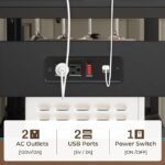 Bakers Rack with Power Outlet and LED Light, 45.3 Inch Farmhouse Coffee Bar Cabinet, Kitchen Microwave Stand with Storage, Glass Cabinet, Goblet Holder and 8 Hooks, Black - Image 3