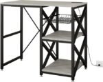 Kitchen Bakers Rack with Power Outlet,Mini Fridge Cabinet with Mesh Basket, Mini Fridge and Microwave Table with Storage for Office,Kitchen,Living Room,Coffee Bar,Patio,Greige