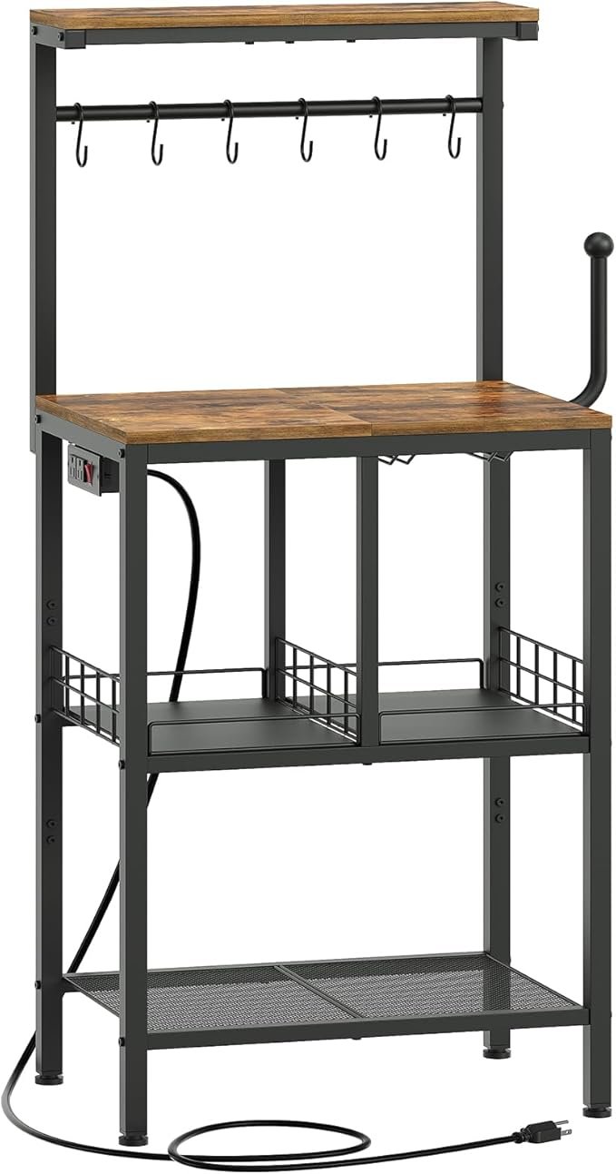 61xbmD+mCNL._AC_SX679_ Bakers Rack with Power Outlet, Microwave Stand with Paper Holder, Coffee Bar Station with Wine Glass Holder, 4-Tier Kitchen Storage Rack for Dining Room, Living Room, Rustic Brown HB02UBR - Image 1