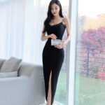 Fashion Lace Stitching Bag Hip High Slit Dress Women