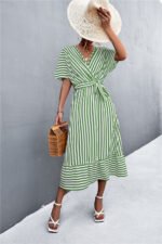 European And American Spring And Summer  Cross V-neck Lace-up Striped Dress - Image 3