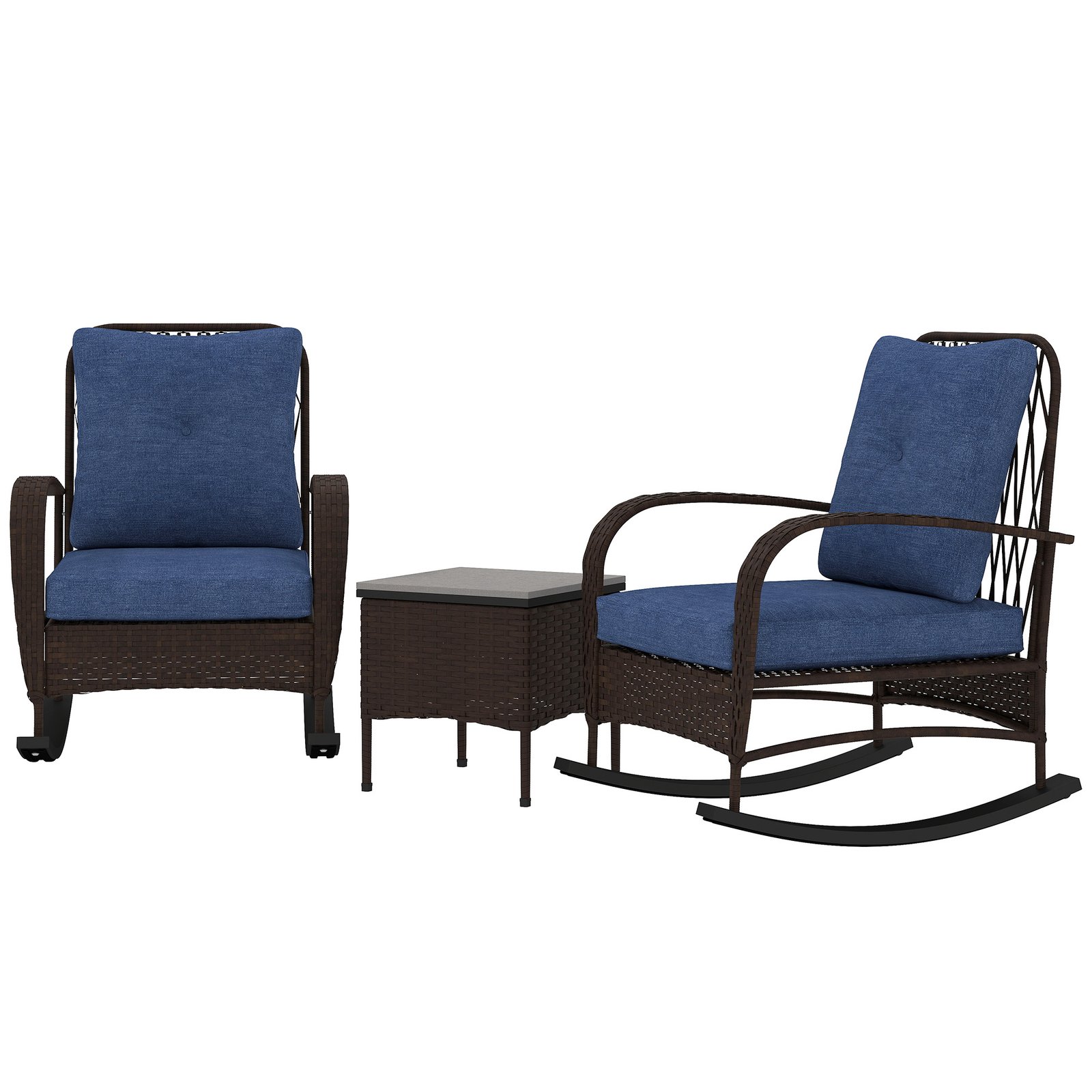 6aad8b85-77a9-42f6-99d1-9804aac86403.jpg 3 Piece Wicker Patio Furniture Set, Outdoor PE Rattan Rocking Chairs With Coffee Table, Cushions For Porch, Brown - Image 1