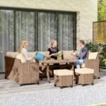 6 Piece Patio Furniture Set, PE Wicker Outdoor Furniture Conversation Set with 3 Sofas, 2 Ottomans and Slatted WPC Top Dining Table, All Weather Sectional Sofa Couch with Pillows, Khaki - Image 3