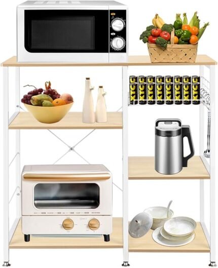 White Oak Kitchen Storage Cart Workstation Shelf, Coffee Bar, for Kitchen, Dining Room Storage Shelf for Spices Pots Pans, Home Coffee Bar Rack for Kitchen 35.4" L x 15.7" W x 33" H