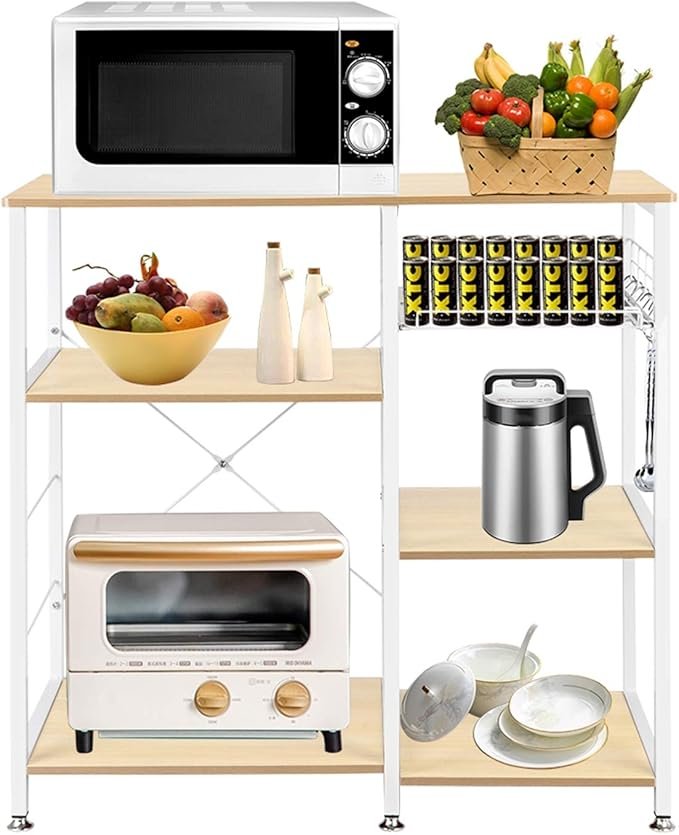 712pmb3qHRL._AC_SX679_ White Oak Kitchen Storage Cart Workstation Shelf, Coffee Bar, for Kitchen, Dining Room Storage Shelf for Spices Pots Pans, Home Coffee Bar Rack for Kitchen 35.4" L x 15.7" W x 33" H - Image 1