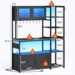 Bakers Rack with Power Outlet and LED Light, 45.3 Inch Farmhouse Coffee Bar Cabinet, Kitchen Microwave Stand with Storage, Glass Cabinet, Goblet Holder and 8 Hooks, Black - Image 2